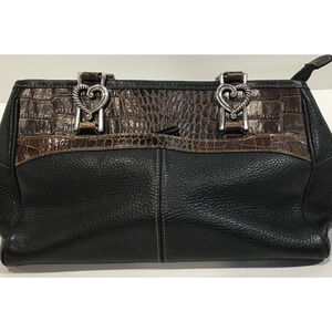 Vtg Brighton Handbag Black Brown Pebble Croc Leather Shoulder Bag Braided Handle
